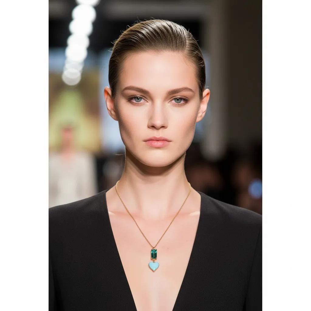 Model wearing a gold necklace with a rectangular blue crystal and turquoise heart pendant. Styled with a deep V-neck black dress, the necklace adds a subtle pop of color and sophistication.