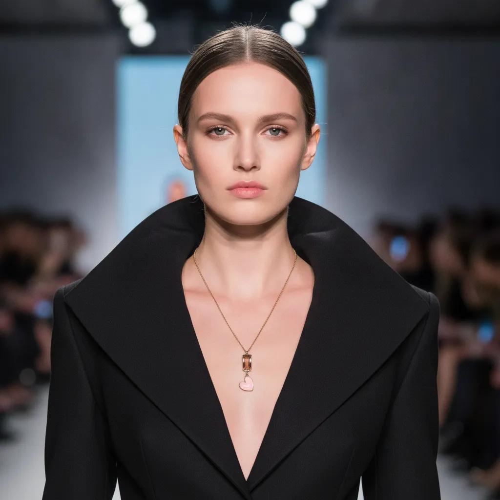 Model wearing a gold necklace with a pink gemstone and heart pendant. Styled with a structured black outfit featuring a deep V neckline, the necklace adds a subtle romantic accent to the modern look.