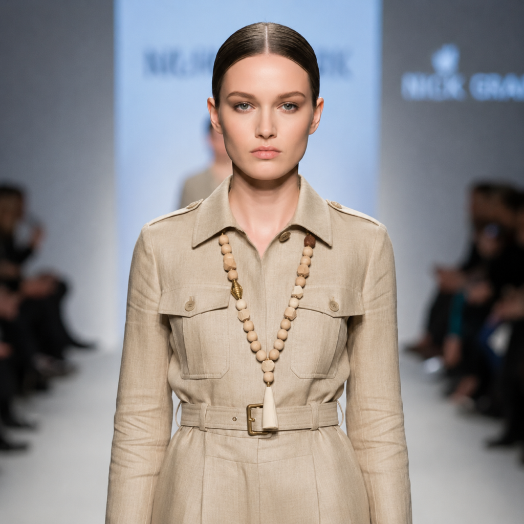 Model wearing a beige safari-style belted dress paired with a long beaded necklace in cream and brown tones. The necklace features gold accents and a large ivory pendant, adding earthy sophistication to the minimalist outfit.