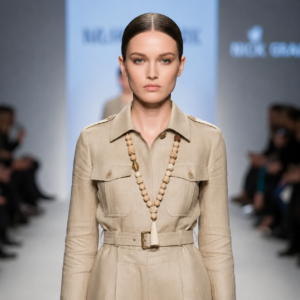 Model wearing a beige safari-style belted dress paired with a long beaded necklace in cream and brown tones. The necklace features gold accents and a large ivory pendant, adding earthy sophistication to the minimalist outfit.
