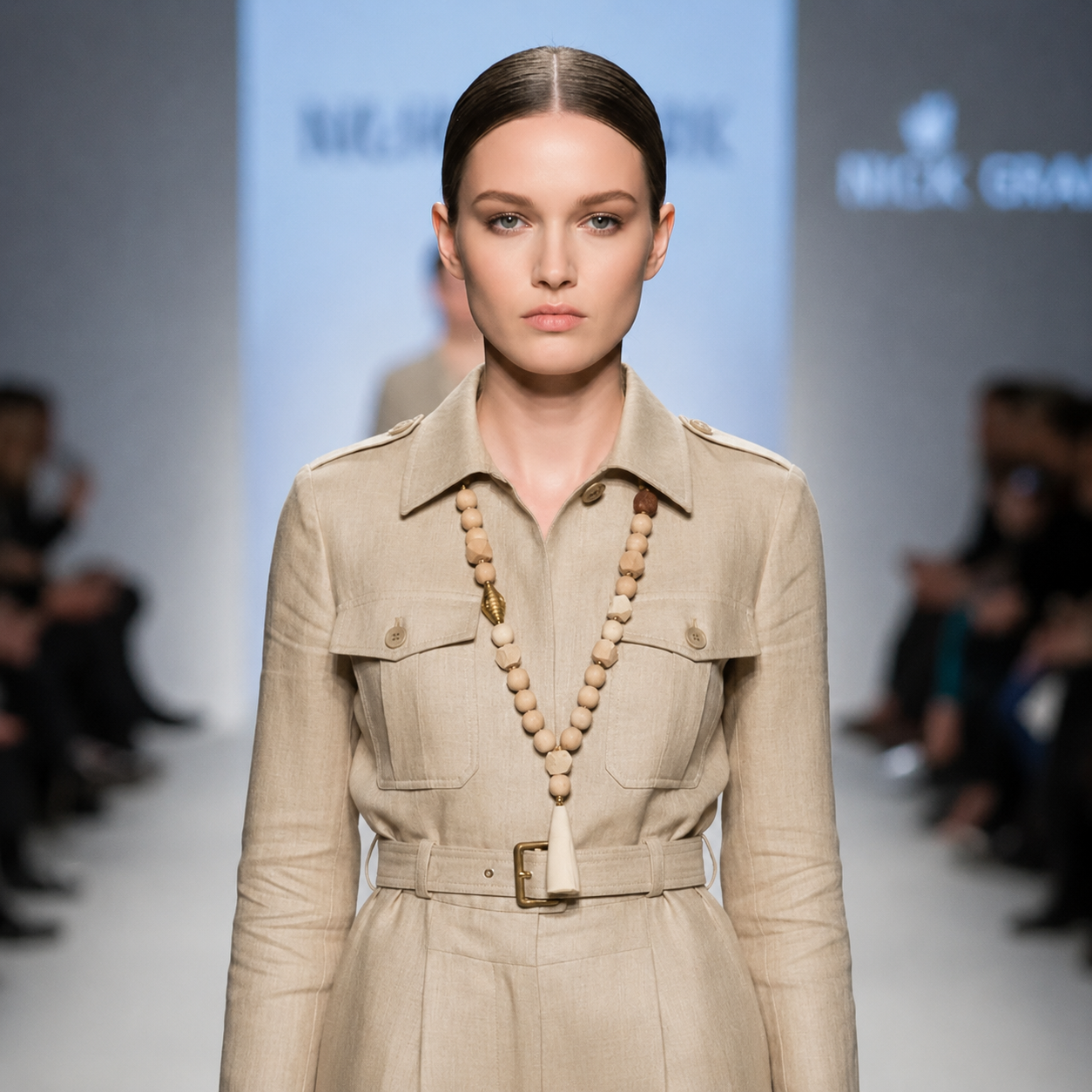 Model wearing a beige safari-style belted dress paired with a long beaded necklace in cream and brown tones. The necklace features gold accents and a large ivory pendant, adding earthy sophistication to the minimalist outfit.