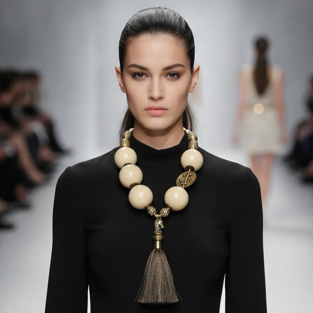 Model wearing a black high-neck outfit paired with a bold ivory and gold necklace. The piece features oversized beads, intricate metallic details, and a horse head pendant with a tassel, creating a dramatic and elegant look.