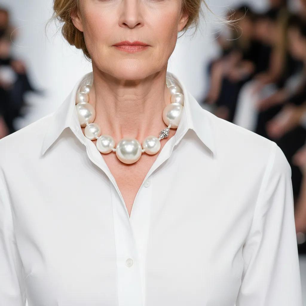 Model wearing a white collar shirt, accessorized with a choker-style necklace of large white pearls and a rhinestone accent. The necklace exudes timeless sophistication and evening elegance.