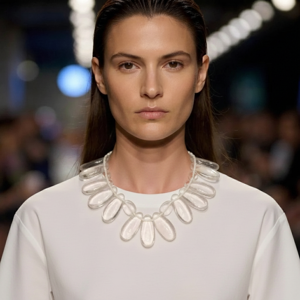 Model wearing a white top and a clear, petal-shaped necklace. The necklace features translucent teardrop beads arranged in a floral pattern around the neckline, creating a modern and elegant look.