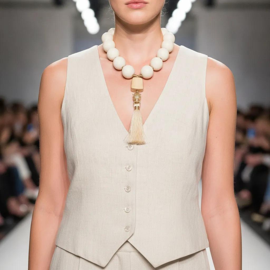 Model wearing a sleeveless beige vest paired with a bold ivory-beaded necklace. The necklace includes a gold accent and a cream tassel pendant, adding elegance and texture to the minimalist outfit.