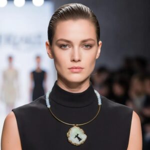 Model wearing a sleeveless black turtleneck dress paired with a statement necklace. The piece showcases a gold band with white beads and a striking crystal slice pendant, blending modern sophistication with natural beauty.