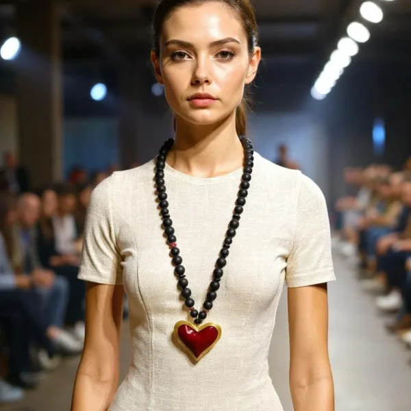 Radiating bold elegance and heartfelt charm, this long Valentino necklace is a true showstopper. Crafted with smooth black silicone beads arranged in a refined, graduated pattern, it spans a generous 33 inches (84 cm) and weighs just 6 ounces, offering a comfortable fit for all-day wear. At its center hangs a vibrant red heart pendant — a stunning focal point that infuses the piece with emotion and personality. The eye-catching red contrasts beautifully with the matte black beads, creating a design that is as dramatic as it is sophisticated. Whether you're dressing up for a night out or adding flair to everyday fashion, this necklace makes a perfect statement piece for expressing your unique style. Small red accents near the pendant enhance its visual appeal, while the lightweight silicone ensures both durability and ease of wear. Its versatile length allows for effortless layering or solo styling, making it a dynamic addition to any jewelry collection. Beyond beauty, this necklace carries the essence of individuality — a piece that speaks to passion and self-expression. With exceptional craftsmanship and contemporary design, the Valentino heart pendant necklace captures the balance of boldness and elegance in one unforgettable accessory. Wear your heart boldly, and let your style make a lasting impression.