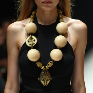 Model wearing a bold safari-style necklace composed of oversized ivory beads and brass accents, including a circular gear-like ornament and a mask pendant. Styled with a sleeveless black outfit, the necklace stands out as a powerful cultural statement piece.