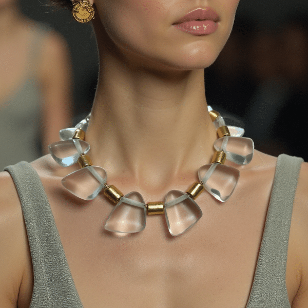 ❄️ Evoke the serene elegance of icy landscapes with the Iceland Necklace—a striking blend of texture, light, and refinement. Designed for versatility, this sophisticated piece transitions effortlessly from sunlit brunches to candlelit evenings, offering timeless allure no matter the setting. Measuring 18 inches with an extender reaching 22 inches, and weighing a comfortable 8 ounces, the Iceland necklace allows for a tailored fit that complements any neckline. Its lightweight construction ensures ease of movement, making it as practical as it is visually captivating. The Iceland design centers around oversized, icicle-like resin beads that shimmer with subtle translucence, mimicking the delicate forms found in nature’s frost. These sculptural elements are paired with sleek gold-colored metal cylinders, adding warmth and contrast while highlighting the minimalist geometry of the piece.  Transparent beads are easy to wear; they pick up and adapt to any color you wear. Modern yet ethereal, bold yet understated, the Iceland Necklace invites a quiet sense of drama to your ensemble. It’s an accessory that speaks to those who appreciate balance—between strength and softness, between statement and simplicity. Let it be your go-to for effortless elegance and cool sophistication.