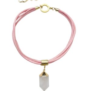 The necklace is a minimalist-style single Crystal pendant on multiple strands of light pink vegan leather cord. The light pink color of the cord, combined with the white crystal, creates a soft effect in a modern style. The necklace measures 19 IN/2 OZ and includes an extender to make it up to 22 IN long.