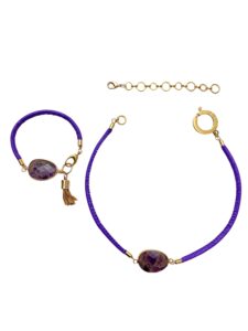 This is a choker necklace and bracelet set. The necklace has a single Amethyst pendant and a matching bracelet. The pendant is a faceted Amethyst natural stone on a purple vegan leather cord. The necklace measures 16 IN/2 OZ and includes an extender to make it up to 20 IN long.