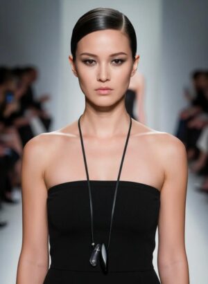 Model wearing a strapless black outfit paired with a long black cord necklace. The necklace features two pendants—one black and one clear—hanging at chest level, adding a sleek, contemporary accent to the minimalist look.