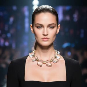 Model wearing a black square-neck dress paired with a bold necklace composed of clear resin cone-shaped beads and gold spacers. The necklace sits close to the collarbone, adding a luminous, contemporary accent.