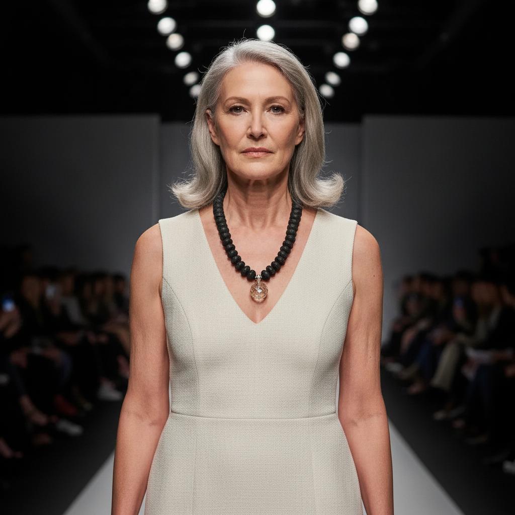Model wearing a sleeveless ivory dress with a deep V neckline, accessorized with a black lava bead necklace and a clear crystal pendant. The necklace contrasts elegantly against the light fabric, creating a bold yet refined look.