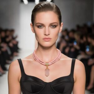 Model wearing a structured black dress with a pink multi-strand choker necklace. The necklace features a clear crystal pendant with gold detailing, creating a soft yet sophisticated contrast against the outfit.