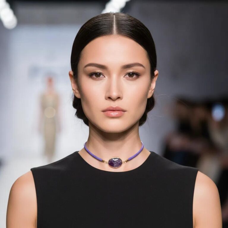 Model wearing a sleek black sleeveless top paired with a purple choker-style necklace featuring a single oval amethyst stone set in gold. The necklace adds a refined pop of color against the minimalist outfit.