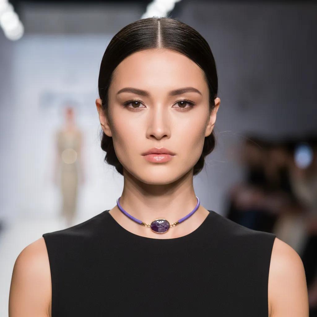 Model wearing a sleek black sleeveless top paired with a purple choker-style necklace featuring a single oval amethyst stone set in gold. The necklace adds a refined pop of color against the minimalist outfit.
