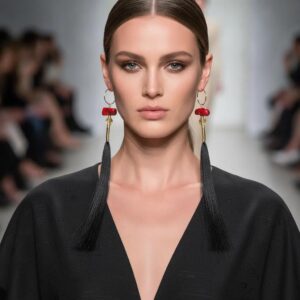 Model wearing black attire with striking long earrings composed of red coral stones, gold details, and flowing black tassels. The earrings frame her face dramatically, adding elegance and artistic flair.