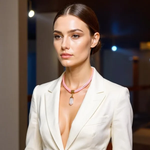 👑 Subtle, feminine, and royally refined—the Princess Necklace is a celebration of grace with a touch of mystic charm. Measuring 19 inches and weighing just 2 ounces, this delicate piece features an extender that allows it to lengthen up to 22 inches, making it perfect for a variety of looks from dainty choker to elegant drape. Crafted with multiple strands of light pink vegan leather cord, the necklace cradles a single pristine crystal pendant in its soft embrace. The color palette—gentle blush tones paired with radiant white—evokes the timeless elegance and youthful spirit of a modern princess, offering both beauty and symbolic significance. In crystal lore, wearing a solitary stone is often a purposeful choice: those seeking clarity and focus embrace a singular energy without blending it with others. This necklace honors that intention, serving not only as a graceful accessory but also as a spiritual tool for self-alignment. The Princess Necklace shines in its simplicity, delivering a sophisticated aesthetic suitable for day or night. Whether you’re dressing for a casual outing or a candlelit celebration, its soft hues and quiet strength will make you feel like royalty. For the wearer who values beauty with purpose, this piece is pure princess energy—graceful, grounded, and gloriously you.