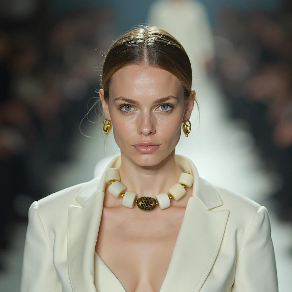 Model wearing the Mars Necklace on a runway, styled with a cream blazer and gold hoop earrings. The necklace’s bold white coral beads and central gold accent create a striking, elegant look.