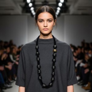 Model wearing the Knotty Long Necklace on a runway, styled with a minimalist charcoal-gray dress. The necklace’s black velvet cord and metallic wire clusters create a striking contrast against the simple outfit, emphasizing its bold, textural elegance.