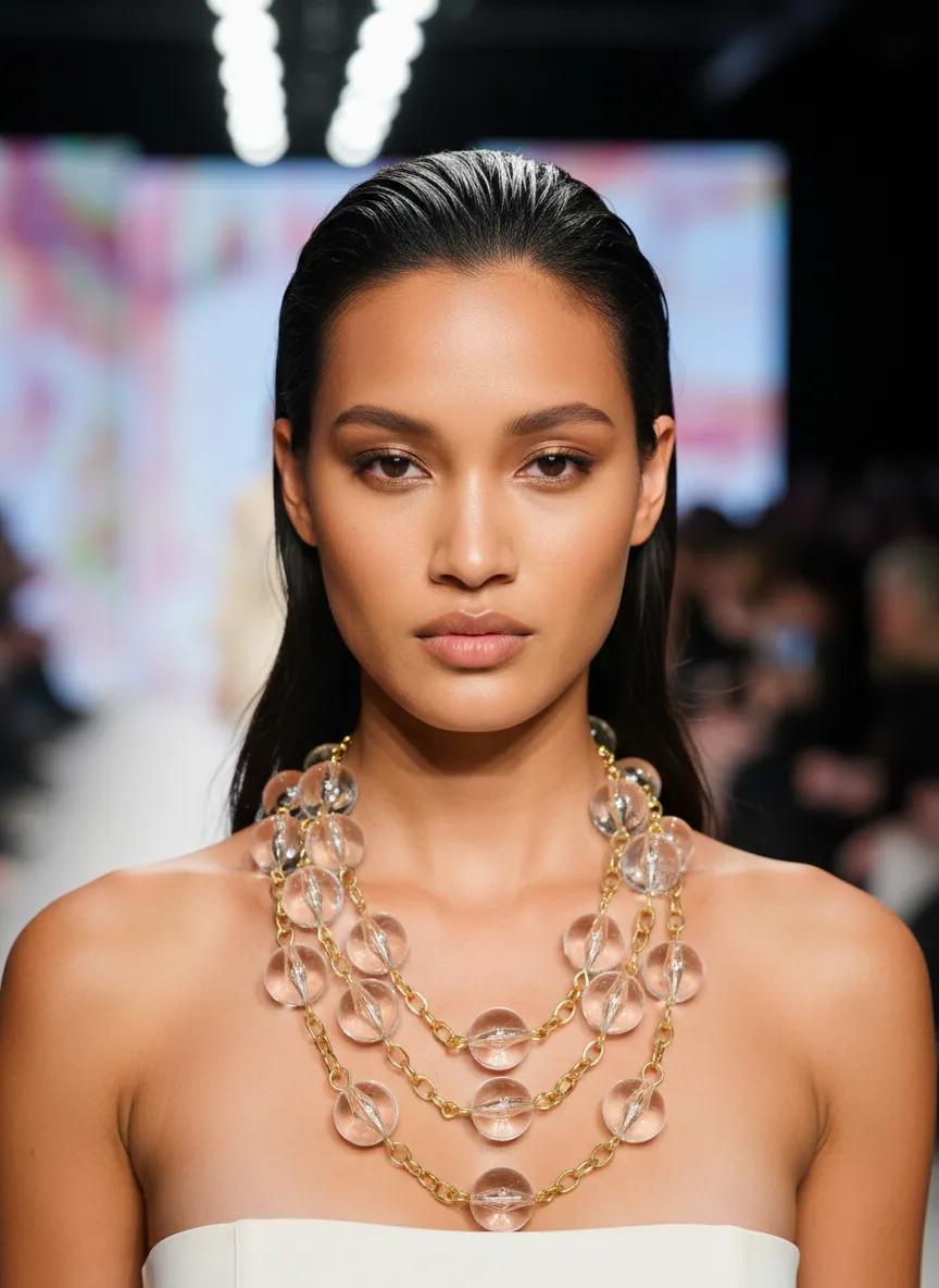 Model wearing the Clear Obsession Necklace on a runway, styled with a strapless white outfit. The multi-strand design of clear beads and gold chains drapes elegantly across her neckline, catching light for a refined, modern look.