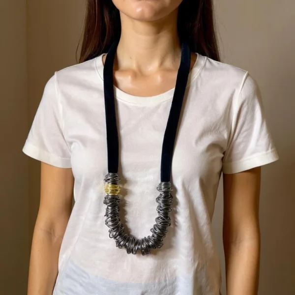 🖤 Sleek, sculptural, and full of possibility—the Knotty Long Necklace is designed for those who gravitate toward texture-rich styling and customizable elegance. Measuring 44 inches and weighing 16 ounces, this versatile piece offers a generous canvas for creative expression. Its elongated form can be worn in a single dramatic line or doubled for a fuller, collar-like silhouette. Wired beads run along the black cord in a flexible layout that responds to your mood: leave them spaced for fluid minimalism or gather them to create clustered statements. This interplay between open space and deliberate grouping lends the design a subtle, knotty sophistication—structured yet organic, playful yet poised. The necklace’s name hints at the artistry behind its creation. Each arrangement carries a knotty visual rhythm, drawing the eye to moments of tension and release, echoing the curves and coils found in nature or hand-sculpted form. It’s more than just accessory—it’s composition in motion. Ideal for the creative dresser, it transitions seamlessly from gallery nights to weekend escapes. The Knotty Long Necklace doesn’t follow rules—it rewrites them, embracing complexity, personality, and expressive layering. Style it loose. Style it close. Either way, it becomes part of your narrative.