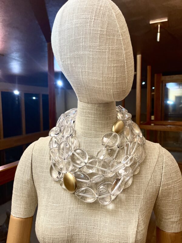 Medium-size glass-like irregular clear and gold beads are in a multistrand design for day or night.  The medium-sized beads resemble icicles with accent gold beads breaking the clear pattern. The necklace measures 21 IN/23 OZ.