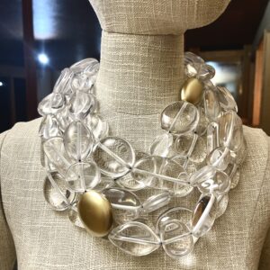 Medium-size glass-like irregular clear and gold beads are in a multistrand design for day or night.  The medium-sized beads resemble icicles with accent gold beads breaking the clear pattern. The necklace measures 21 IN/23 OZ.