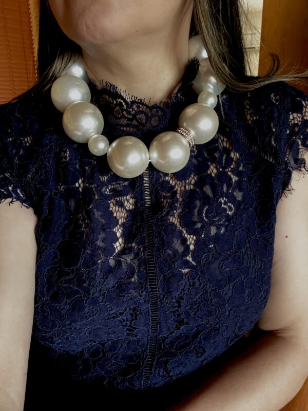 Statement necklace of oversized simulation pearls. A distinctive look with a one-of-a-kind choker necklace. The size of the beads makes the necklace elegant for night-time and fun for day-time. The necklace measures 20 IN/10 OZ.