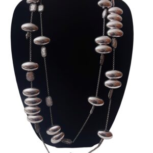 This elegant two-strand chain necklace features large oval metal beads, fresh water pearls with Rhinestone accent beads. Its intricate design makes you do a double take. The necklace measures 20 IN/8 OZ.