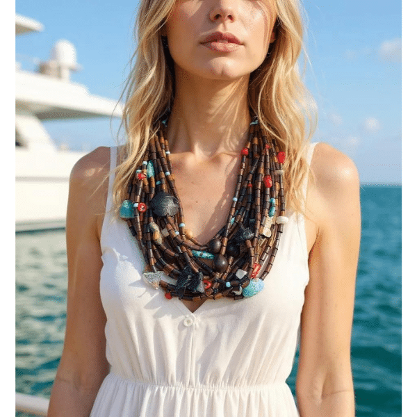 🌊 Bold, expressive, and deeply meaningful—the Calypso Necklace is a wearable mosaic of earth and ocean energy. Spanning 26 to 31 inches in length and weighing 14 ounces, it drapes with effortless grace, offering comfort and distinctive style that’s perfect for both statement dressing and soulful accessorizing. Each bead in this handcrafted piece is meticulously selected, forming a vibrant interplay of colors, textures, and symbolism. Natural materials, including wood, agate, coral, peach wood, conch fossil, kukui, sea sediment, and amazonite, come together to create a tapestry of organic beauty. The necklace’s thoughtful construction invites curiosity while celebrating artistic intention. Among the unique elements are two hand-carved charms—a fish said to attract prosperity and a lotus bud representing resilience. These accents infuse the necklace with a quiet narrative of growth, abundance, and strength. They’re not just decorative—they’re purposeful. The Calypso design thrives on diversity, blending modern bohemian flair with ancient echoes. Its asymmetrical layout encourages the eye to explore each curve and contour, while its natural palette evokes the calm rhythm of waves and the warmth of sun-soaked wood.  A true art piece with purpose, this necklace transforms the everyday into something intentional. Let Calypso wrap your story in color, spirit, and symbolic grace.