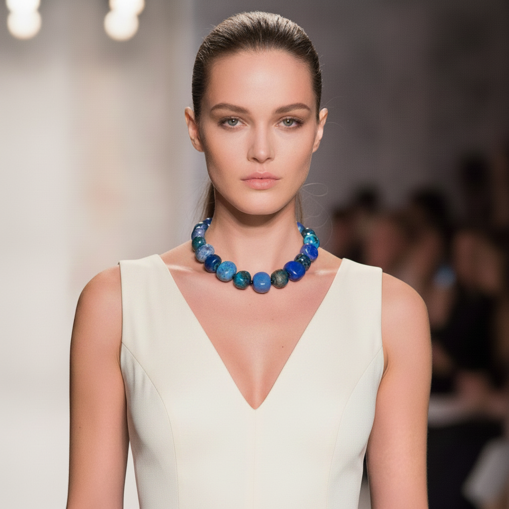 Model wearing the Apatite Necklace on a runway, styled with a sleeveless ivory dress. The necklace’s bold blue stones create a striking contrast against the light fabric, highlighting its natural luster and elegant craftsmanship.