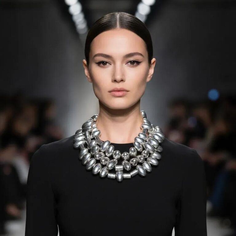 Model wearing the Silver Bullets Necklace on a runway, styled with a sleek black dress. The multi-layered silver necklace creates a bold, sculptural statement around the neckline, contrasting elegantly with the minimalist outfit.