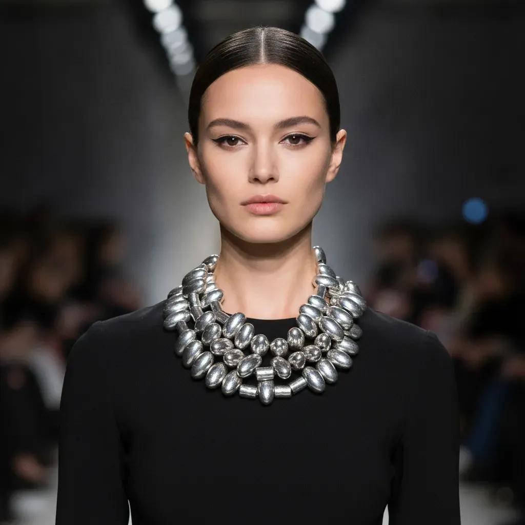 Model wearing the Silver Bullets Necklace on a runway, styled with a sleek black dress. The multi-layered silver necklace creates a bold, sculptural statement around the neckline, contrasting elegantly with the minimalist outfit.