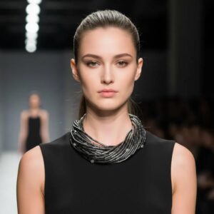 Model wearing the Hematite Necklace on a runway, styled with a sleeveless black dress. The multi-strand metallic necklace wraps elegantly around the neck, reflecting light with a sleek, modern brilliance.