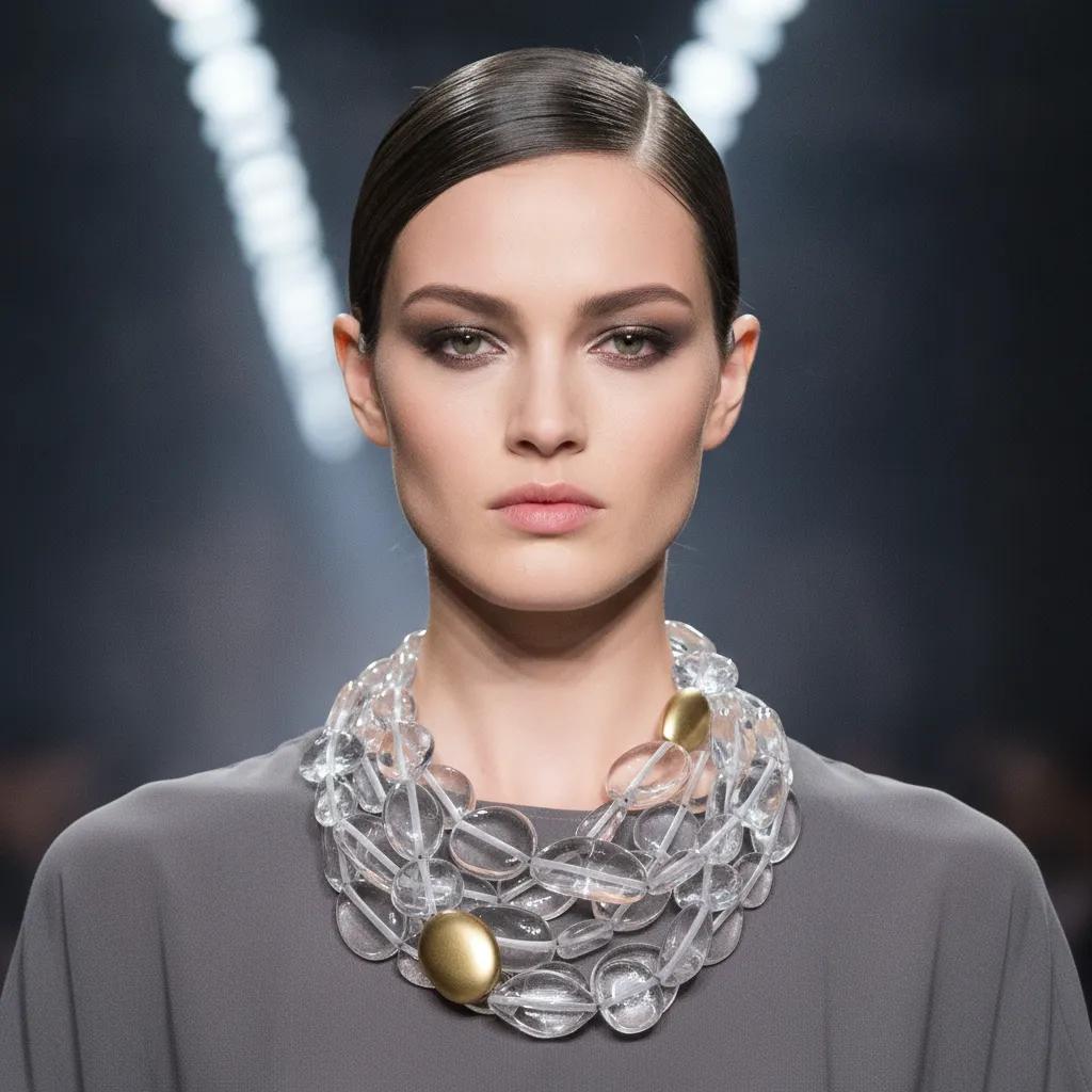 Model wearing a sculptural clear bead necklace with gold accents over a gray high-neck top. The necklace sits close to the neckline, forming a bold, architectural silhouette that reflects light beautifully, highlighting the interplay between transparency and metallic tones.