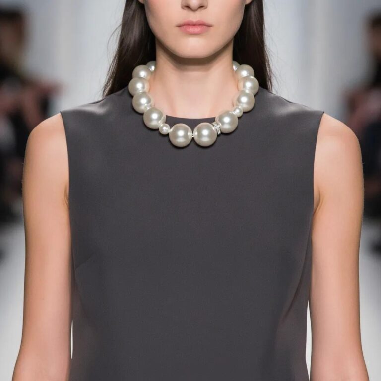 Model wearing a sleeveless charcoal-gray dress paired with a statement pearl necklace composed of oversized, glossy white pearls. The necklace sits elegantly at the base of the neck, creating a bold yet timeless focal point against the minimalist outfit.