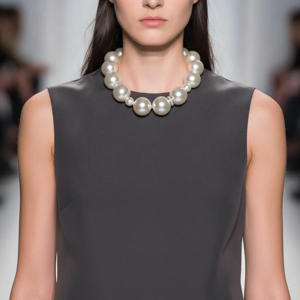 Model wearing a sleeveless charcoal-gray dress paired with a statement pearl necklace composed of oversized, glossy white pearls. The necklace sits elegantly at the base of the neck, creating a bold yet timeless focal point against the minimalist outfit.
