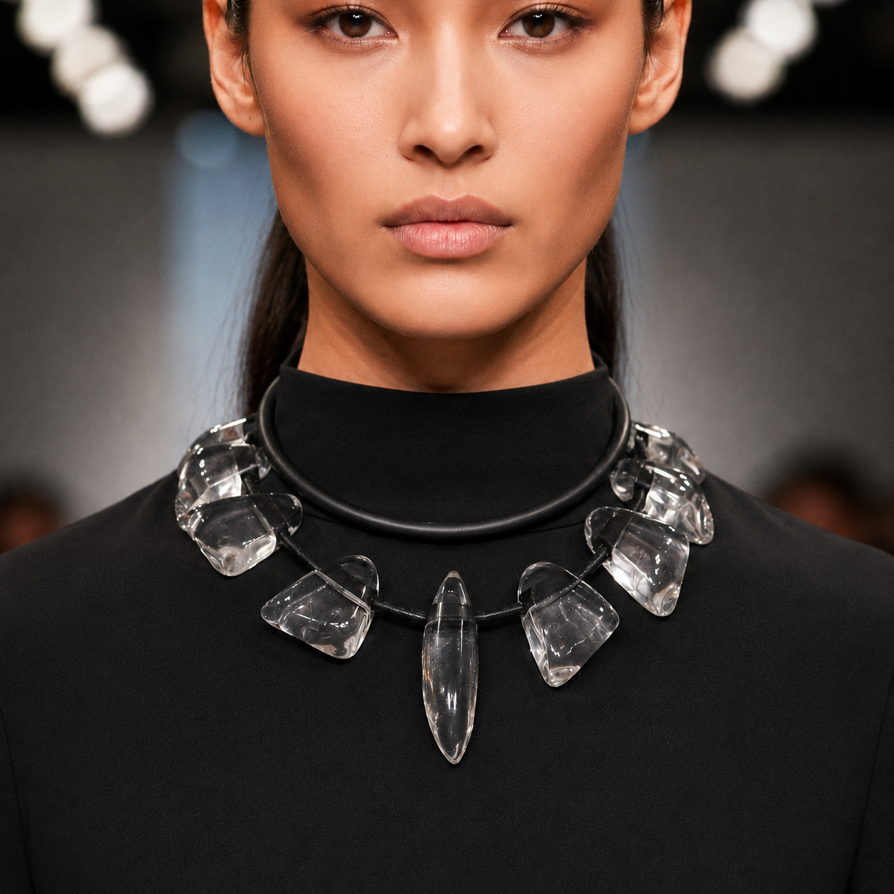 Model wearing a high-neck black top paired with a statement necklace featuring clear resin beads on a black cord. The necklace sits close to the neckline, creating a bold contrast between the transparent beads and the matte fabric, highlighting the piece’s architectural elegance.
