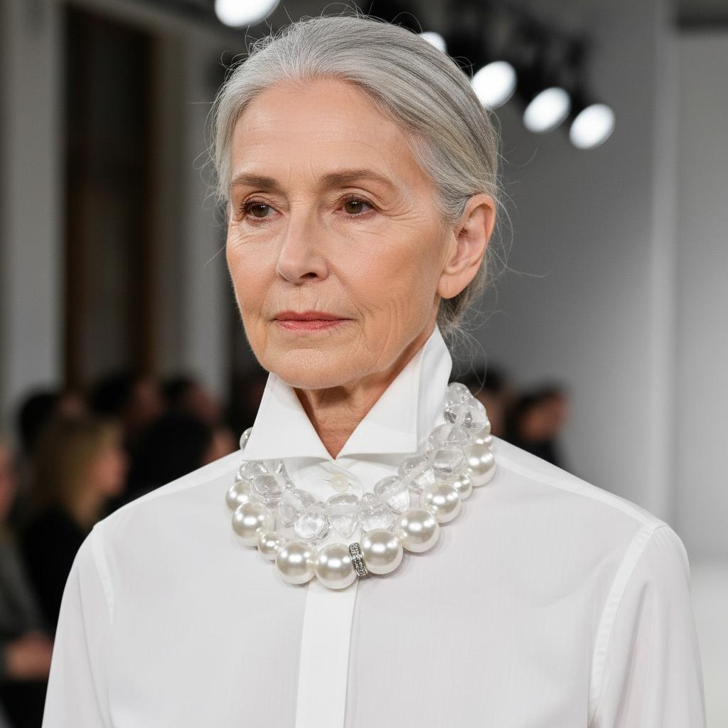 Elegant older woman wearing a crisp white collared shirt and a layered statement necklace combining clear resin beads and oversized pearls. The necklace sits high on the neckline, creating a sophisticated and sculptural look that complements her refined style.