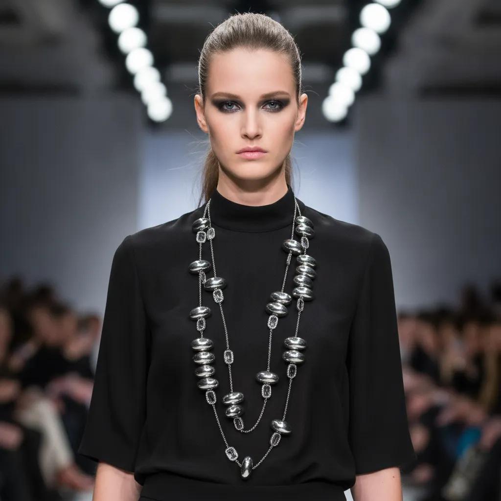 Model wearing a sleek black high-neck top paired with a long, layered silver necklace composed of oval metallic beads and textured links. The necklace drapes elegantly, creating a luminous contrast against the dark fabric and enhancing the minimalist runway look.