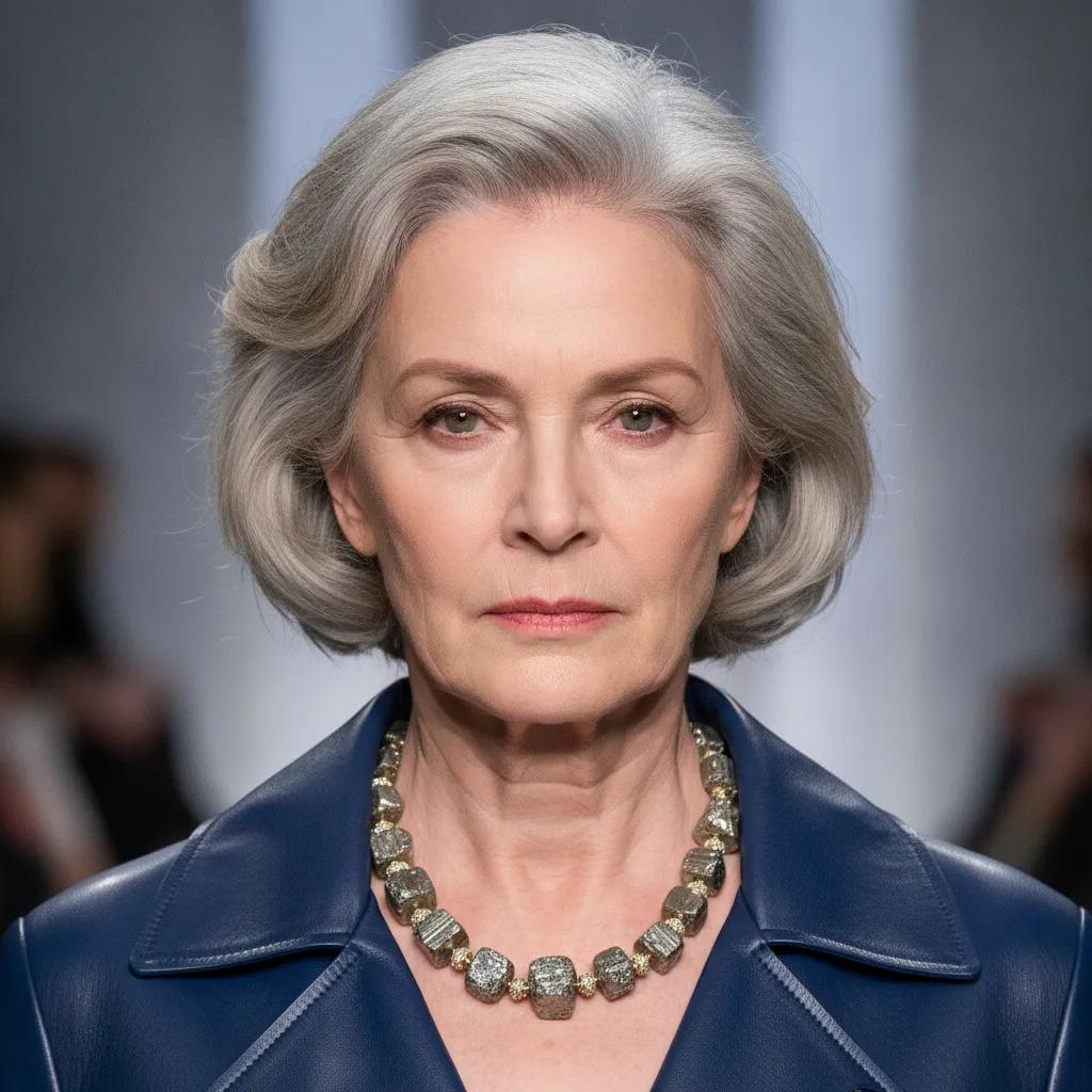 Older woman wearing unpolished Pyrite necklace with a blue leather jacket.