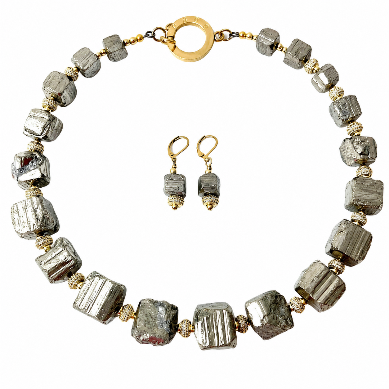 Unpolished Pyrite necklace set with earrings, set in a circular form.
