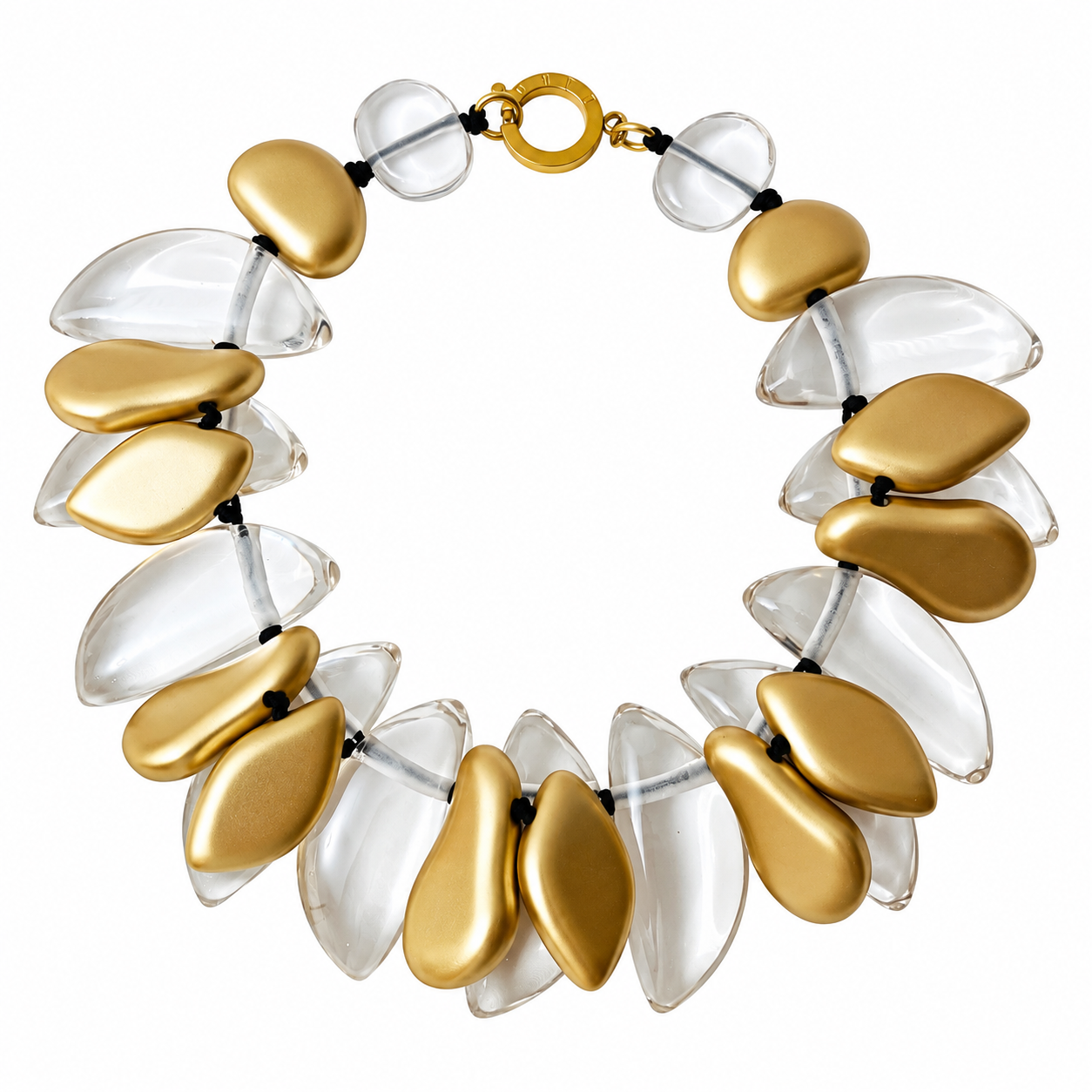 Gold Leaf Necklace featuring alternating matte gold and clear sculptural beads arranged in a single strand with gold clasp.