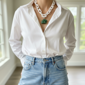 Model wearing Acrylic Chain Necklace with white links and green bunny pendant styled over crisp white shirt and denim jeans.