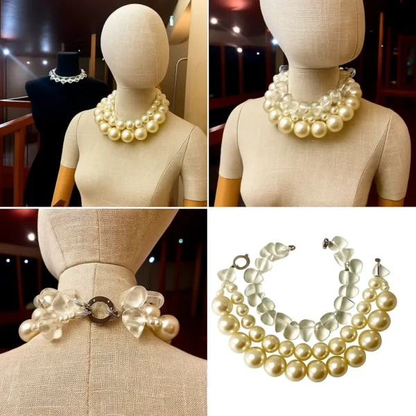 🤍 Drape yourself in modern elegance with this statement jewelry set—an exquisite pairing of classic charm and bold contemporary design. At its core are two versatile pieces: a choker necklace crafted from gleaming clear resin and tooth-shaped beads, and a double strand of medium-sized simulated pearls. Together, they offer layered sophistication with the flexibility to be worn individually or combined for dramatic effect. The clear beads inject a vibrant contrast, amplifying the luster of the pearls and transforming traditional styling into something uniquely expressive. With an extender offering up to 5 inches of adjustable length, the set ensures a perfect fit, whether you prefer it softly draping the neckline or resting high for a structured silhouette. This set is more than an accessory—it’s a showpiece that balances artistry and wearability. Lightweight yet substantial, each component adapts easily from daytime sophistication to evening glamour.  A nod to timeless regality, the set radiates with royal grace. Whether you wear the pearls alone, the choker solo, or both as a striking duo, the result is always confident, polished, and—yes—absolutely royal in presence. This is a set The clear beads choker measures 16 IN/5 OZ. The double-strand necklace measures 17 IN/ 10 OZ Extension up to 5 IN A set 16 IN/15 OZ