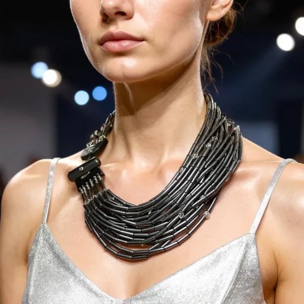🌒 A statement in sophistication and strength, the Hematite Necklace embodies bold design with a shimmering touch. Handcrafted with 24 gleaming strands, this piece offers a dynamic combination of texture, light, and history. Measuring 19 inches at its shortest and extending up to 24 inches, its generous weight of 20 ounces enhances its luxurious presence while remaining comfortably wearable. Each strand is adorned with a faceted crystal, lending brilliance and movement to the overall silhouette. The lustrous silver tone of Hematite creates an elegant backdrop, contrasting beautifully with the sparkle of the crystals and the deep tones of the Onyx toggle clasp. This adjustable clasp allows the necklace to be styled in multiple ways—flat across the collarbone, twisted for volume, or crossed for an avant-garde edge. Whether worn with the clasp in front or back, every arrangement offers a new mood and visual rhythm. Historically, Hematite held symbolic significance—it was worn as a talisman by English warriors, believed to safeguard those wounded in battle. Its inclusion here infuses the necklace with quiet power and cultural depth. Perfect for collectors of meaningful jewelry and lovers of sculptural elegance, this piece invites admiration for its craftsmanship and versatility. The final whisper of Hematite completes its story—resilient, radiant, and unapologetically bold.