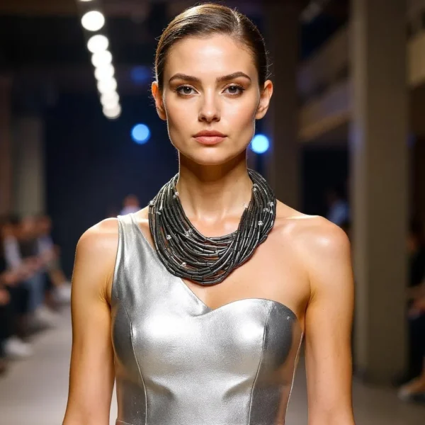 🌒 A statement in sophistication and strength, the Hematite Necklace embodies bold design with a shimmering touch. Handcrafted with 24 gleaming strands, this piece offers a dynamic combination of texture, light, and history. Measuring 19 inches at its shortest and extending up to 24 inches, its generous weight of 20 ounces enhances its luxurious presence while remaining comfortably wearable. Each strand is adorned with a faceted crystal, lending brilliance and movement to the overall silhouette. The lustrous silver tone of Hematite creates an elegant backdrop, contrasting beautifully with the sparkle of the crystals and the deep tones of the Onyx toggle clasp. This adjustable clasp allows the necklace to be styled in multiple ways—flat across the collarbone, twisted for volume, or crossed for an avant-garde edge. Whether worn with the clasp in front or back, every arrangement offers a new mood and visual rhythm. Historically, Hematite held symbolic significance—it was worn as a talisman by English warriors, believed to safeguard those wounded in battle. Its inclusion here infuses the necklace with quiet power and cultural depth. Perfect for collectors of meaningful jewelry and lovers of sculptural elegance, this piece invites admiration for its craftsmanship and versatility. The final whisper of Hematite completes its story—resilient, radiant, and unapologetically bold.