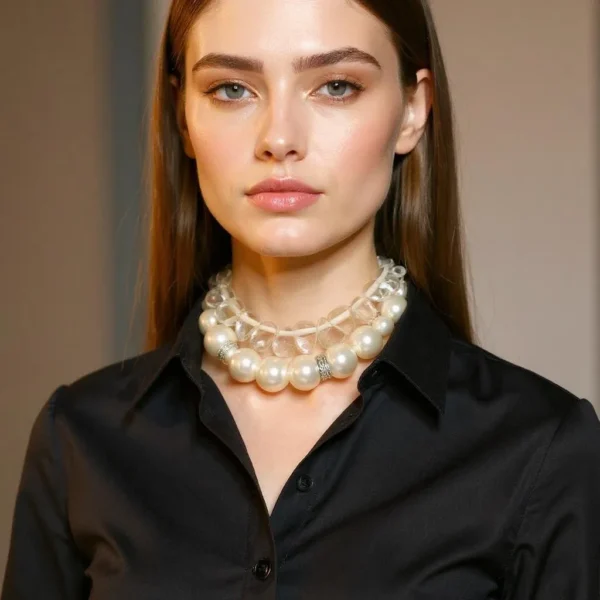 🤍 A blend of timeless elegance and contemporary flair, this exquisite necklace combo brings versatility to the forefront of jewelry design. Featuring two complementary pieces—a medium-sized simulation pearl necklace and a choker embellished with tooth-shaped clear resin beads—this layered set creates a harmonious balance of classic and bold aesthetics. The pearl necklace exudes sophistication with its gentle luster and graceful drape, while the resin-bead choker adds a modern twist, catching light and attention with its sculptural clarity. Together, they form a striking combo that adapts beautifully to both day and evening wear. Wear them as a layered showpiece for maximum impact, or individually for a more subtle, refined touch.  Each necklace includes an adjustable extension, offering lengths that adapt seamlessly to your outfit and neckline. Whether styled with a crisp blouse or a cocktail dress, this set allows you to tailor your look effortlessly. Crafted for those who appreciate jewelry as both adornment and expression, this combo set is a celebration of style and adaptability. With only three mentions of the word "combo," the description keeps the spotlight where it belongs—on the artistry and transformative power of the pieces themselves. A must-have addition for any collector seeking elegance with a hint of edge. The clear beads choker measures 15 IN/5 OZ. The pearl beads necklace measures 19 IN/6 OZ. Extension up to 5 IN. A set 19 IN/11 OZ